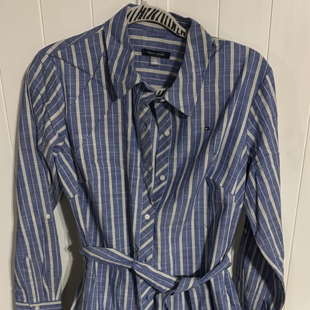 Tommy Hilfiger Blue and White Long Sleeve Dress